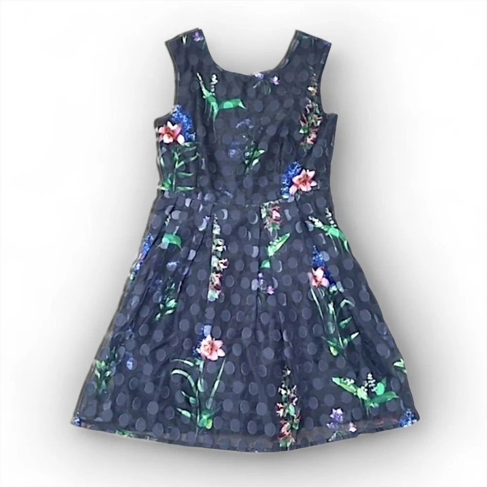 Derhy K Black Polka Dot Floral Sleeveless Party Dress Girls Size Large